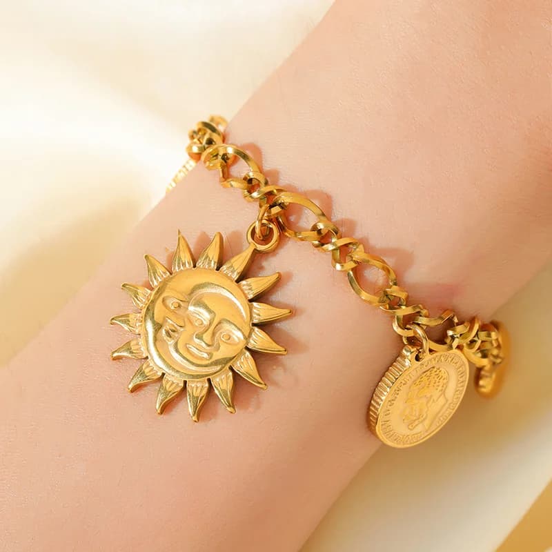 Gold Color Sun Coin Charm Bracelet