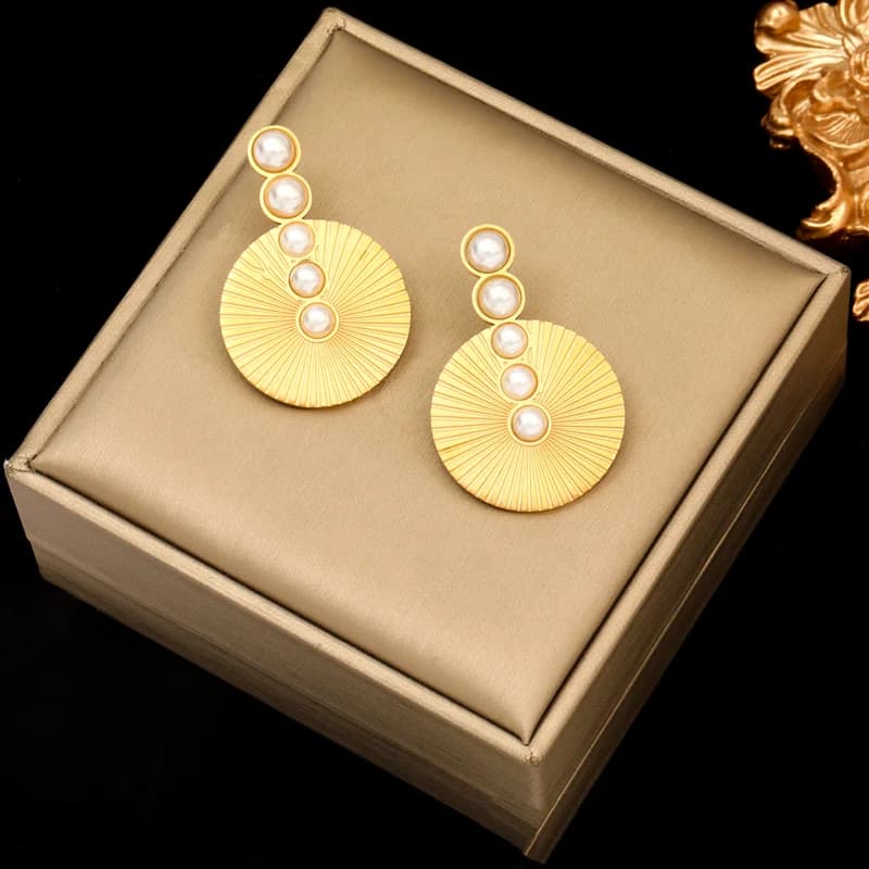 Stainless Steel Gold Heart Flower Drop Earrings
