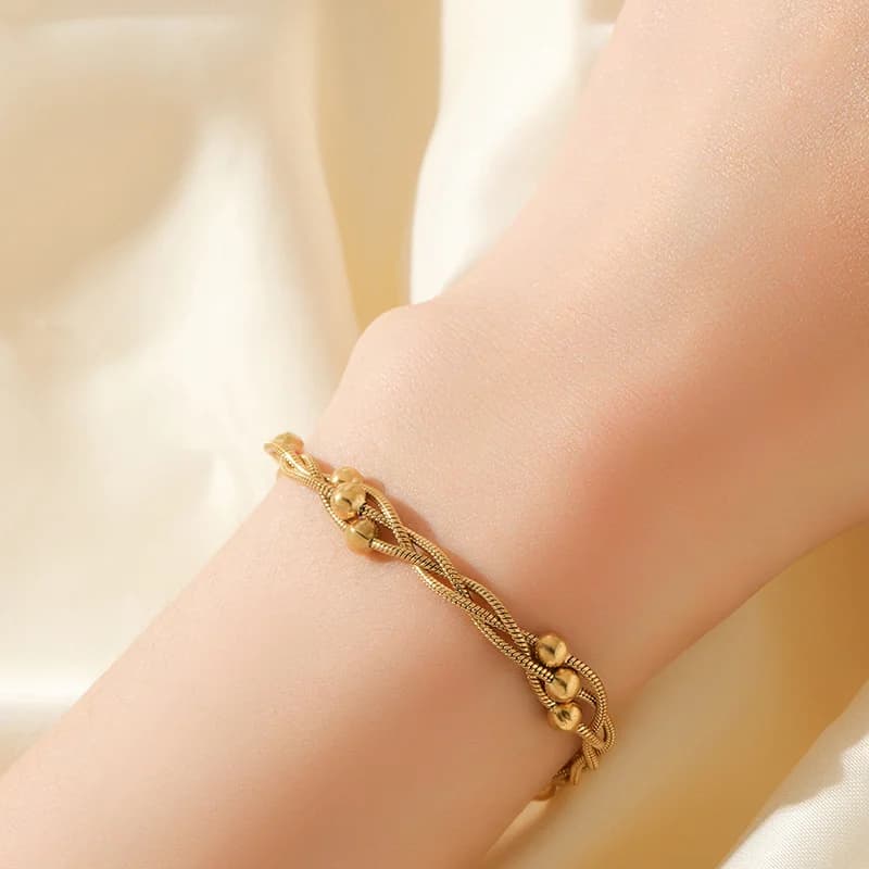 Beaded Wound Chain Bracelet, Gold Plated