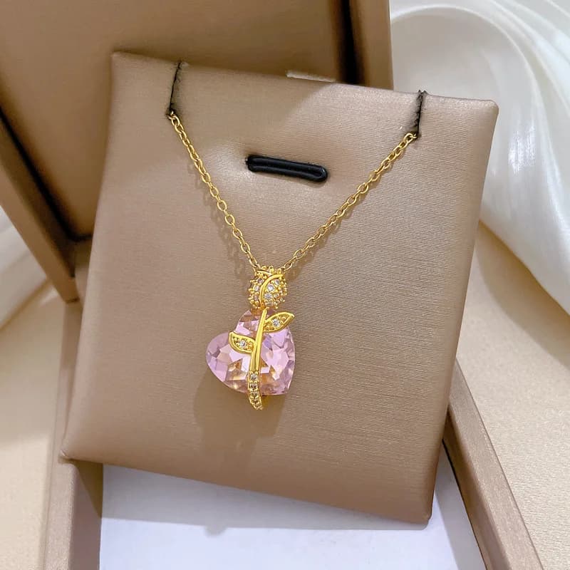 316L Stainless Steel Zircon Leaf Pendant Necklace
