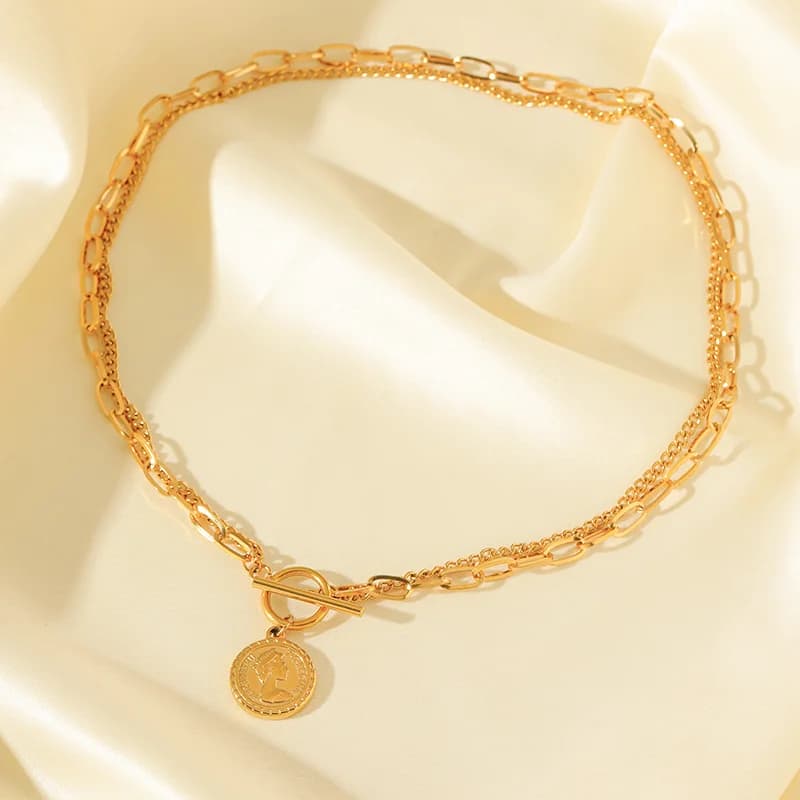 316L Stainless Steel Gold Color Coin Necklace and Bracelet Set