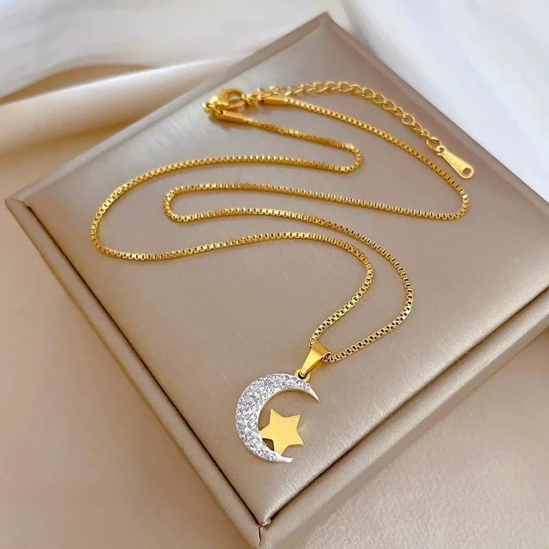 Moon Star Pendant Dangle Necklace, Stainless Steel