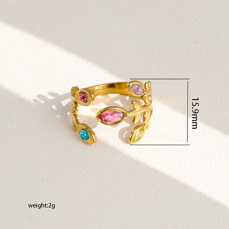 Stainless Steel Sparkling Zirconia Leaf Adjustable Ring