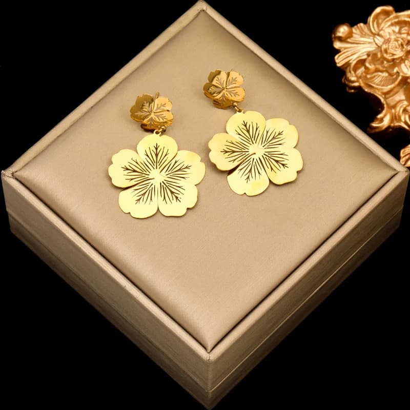 Stainless Steel Gold Heart Flower Drop Earrings