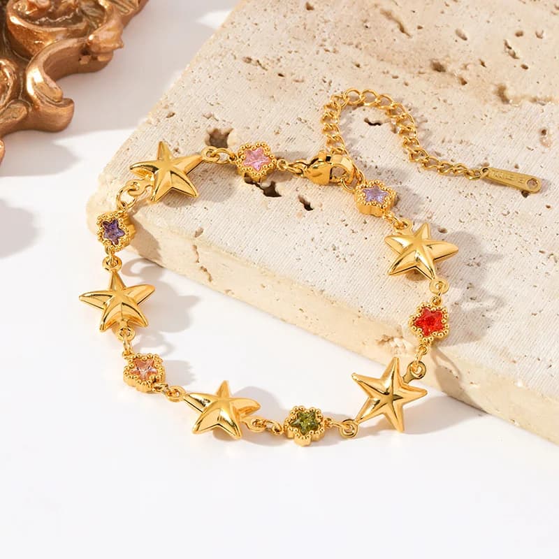 Colorful Star Zircon Charm Bracelet, Gold