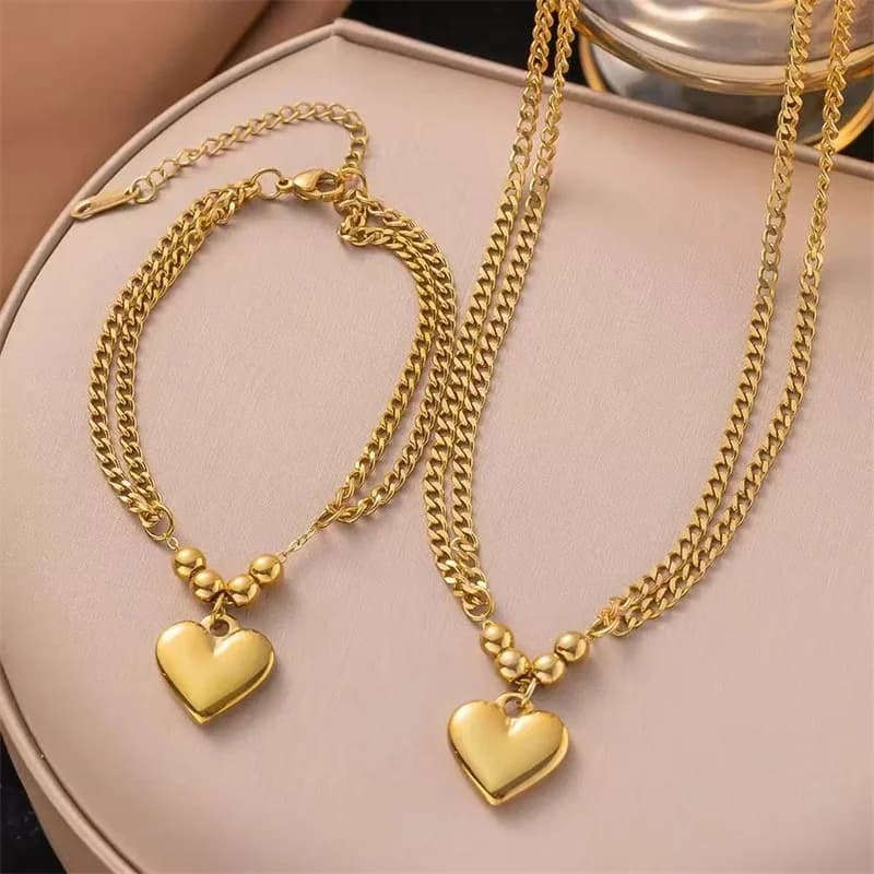 Gold Heart Charm Necklace and Bracelet Set