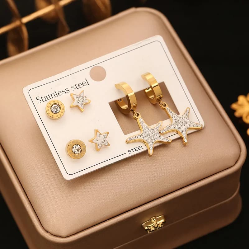 3-Pair Five-Pointed Star Zircon Stud Earring Set