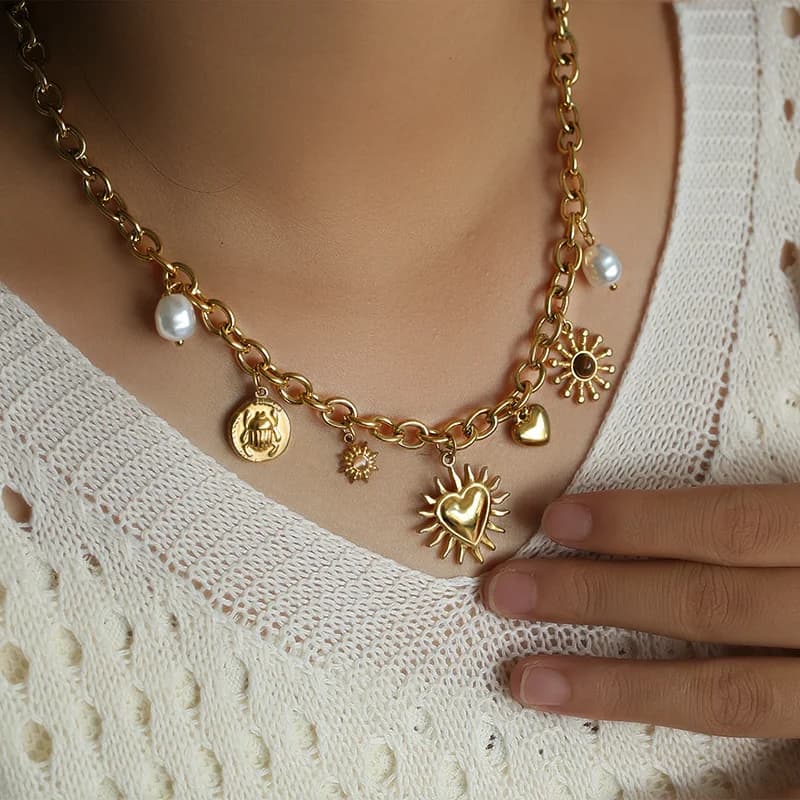 Gold Starfish Shell Sun Pendant Necklace