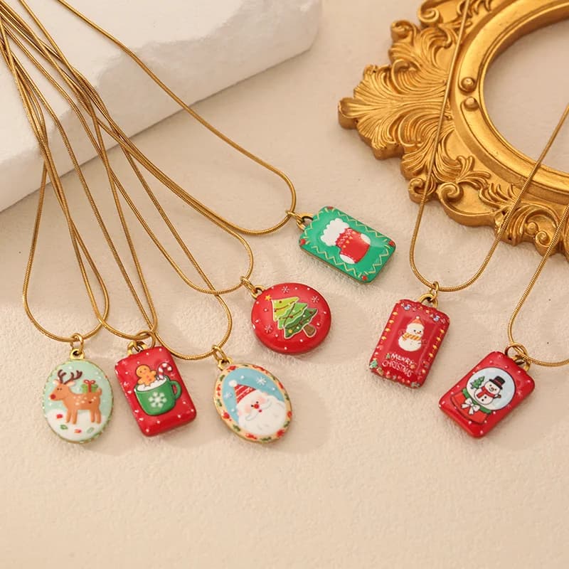 Cartoon Snowman and Tree Pendant Necklace