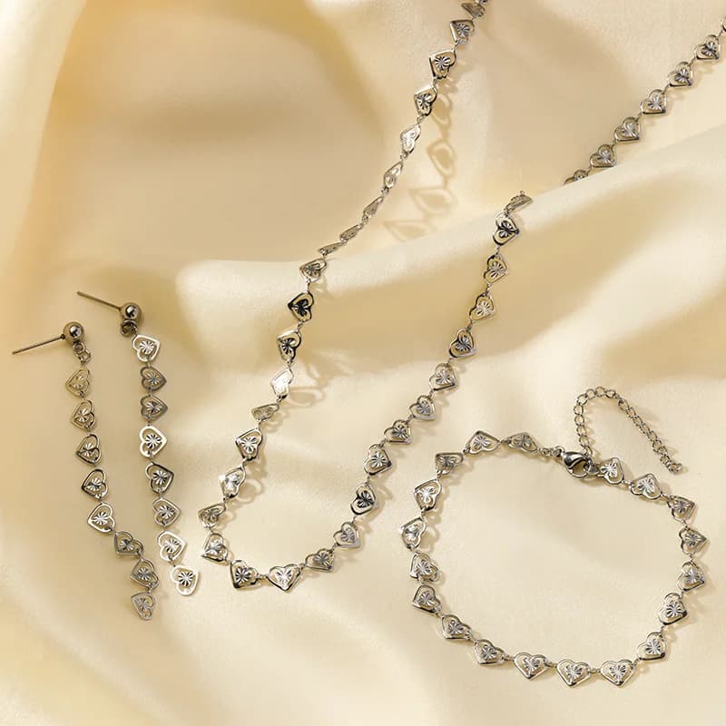 Heart Chain Necklace and Bracelet Set, Stainless Steel