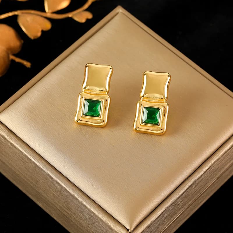 316L Stainless Steel Square Green Crystal Stud Earrings