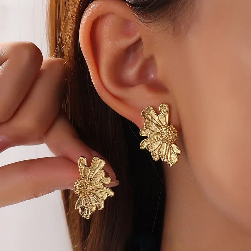 Gold Color Flower Plant Stud and Drop Earrings