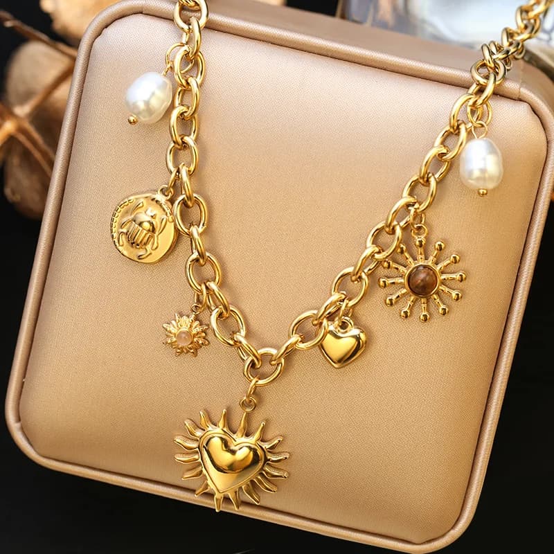 316L Stainless Steel Gold Plated Pearl Moon Pendant Necklace
