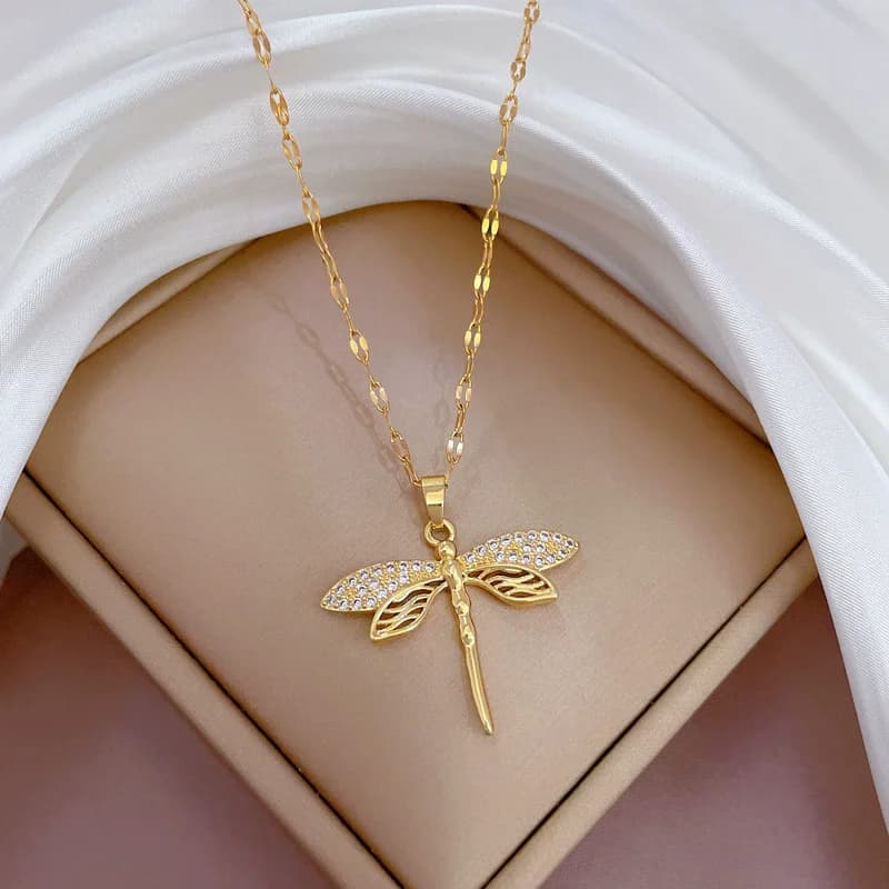 316L Stainless Steel Cubic Zircon Dragonfly Pendant Necklace