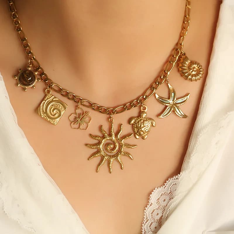 Stainless Steel Gold Turtle Flower Sun Pendant Necklace