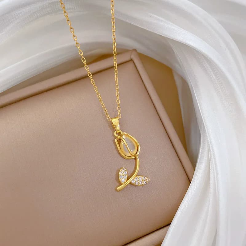 Stainless Steel Gold Zircon Tulip Flower Pendant Necklace