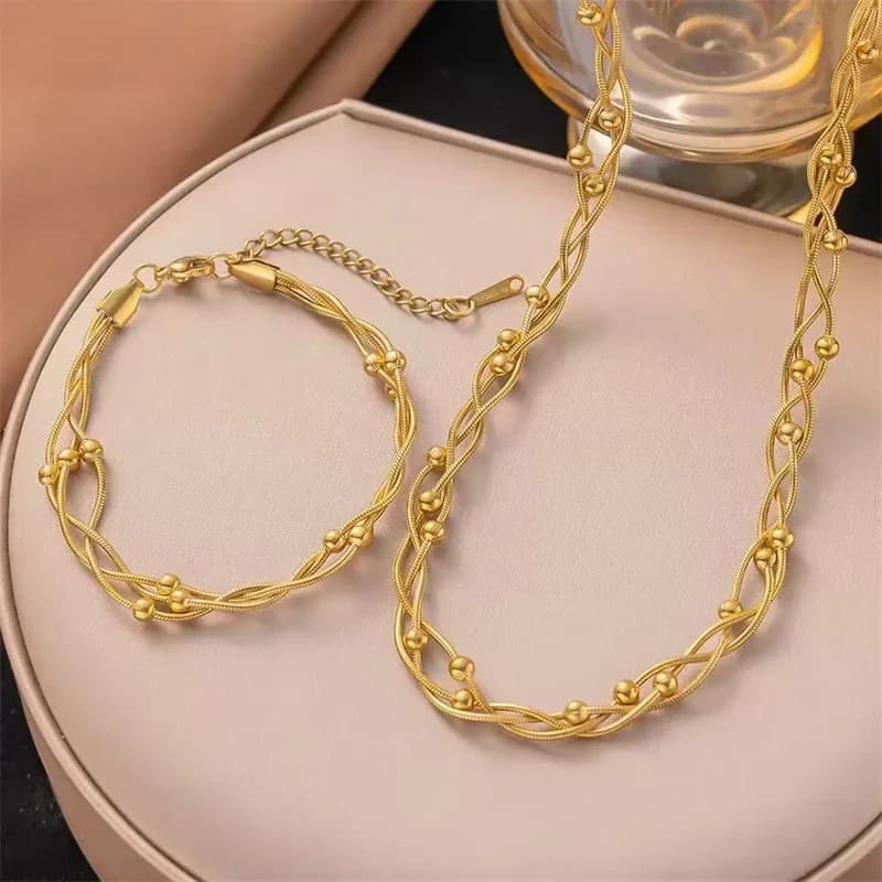 316L Stainless Steel Gold Color Beaded Necklace and Bracelet Set