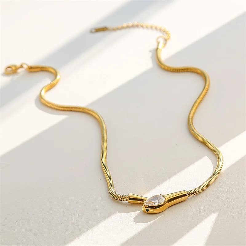 Snakehead Necklace with Zircon, Stainless Steel