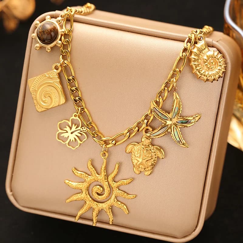 Stainless Steel Gold Turtle Flower Sun Pendant Necklace