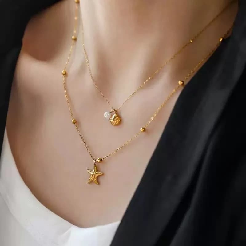 Double Chain Starfish Shell Pendant Necklace, Gold