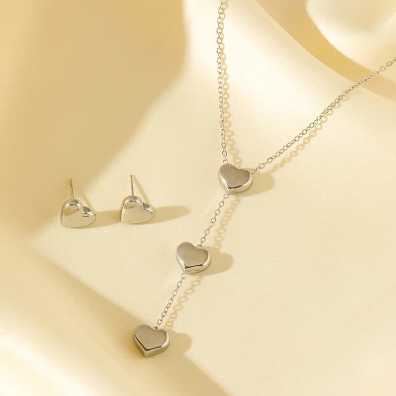 Glossy Heart Necklace and Earrings Set, Silver