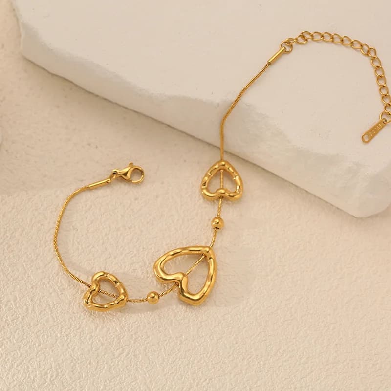 Hollow Heart-Shaped Chain Bangle, Gold Stainless Steel