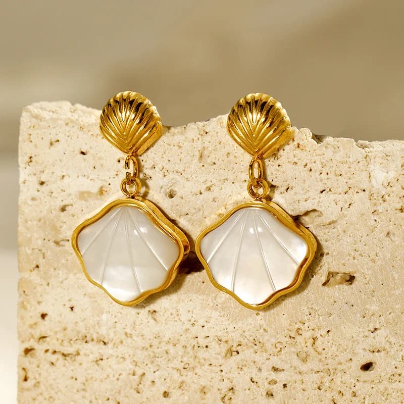 316L Stainless Steel White Stone Shell Dangle Earrings