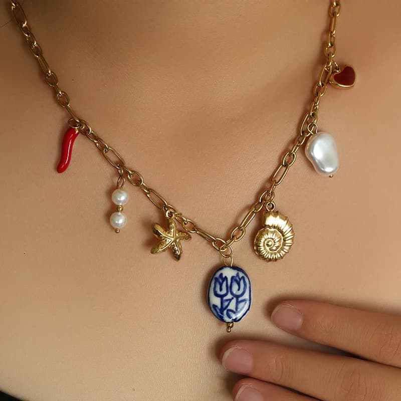 Gold Starfish Shell Sun Pendant Necklace