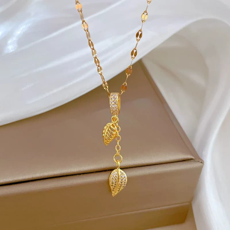 316L Stainless Steel Zircon Leaf Pendant Necklace