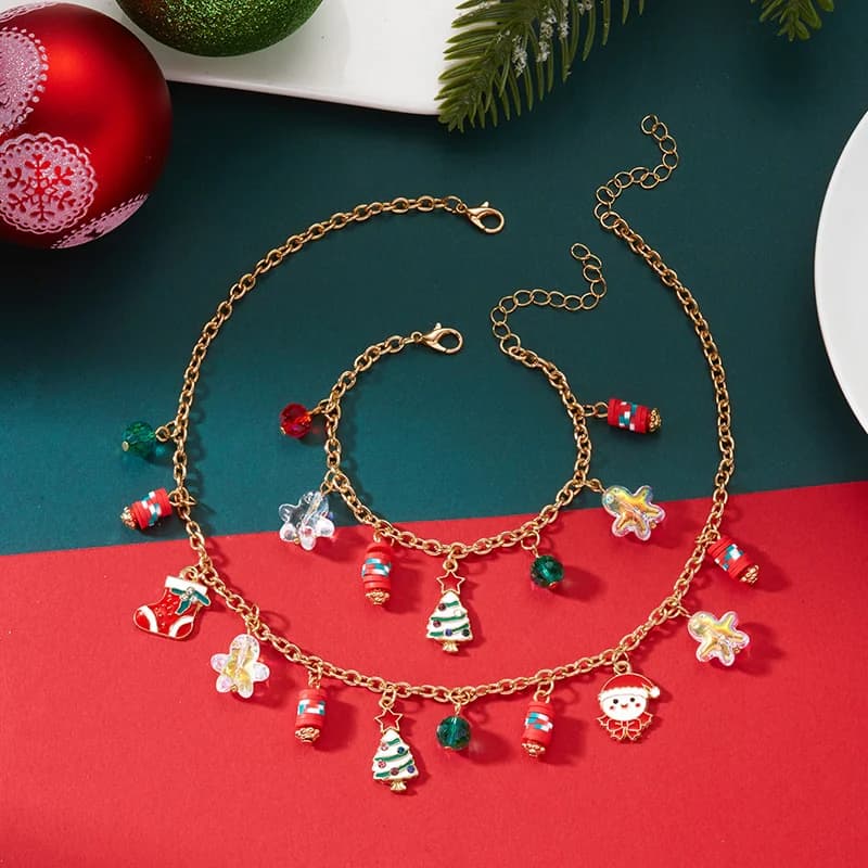 Christmas Tree and Snowman Necklace and Bracelet Set
