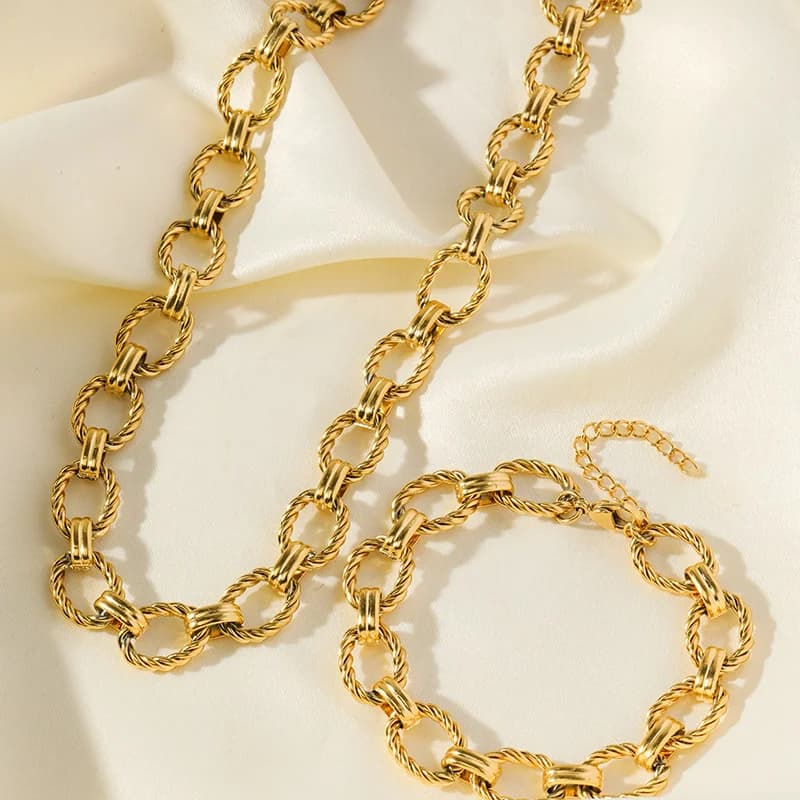 Stainless Steel Gold Oval Link Chain Necklace and Bracelet Set