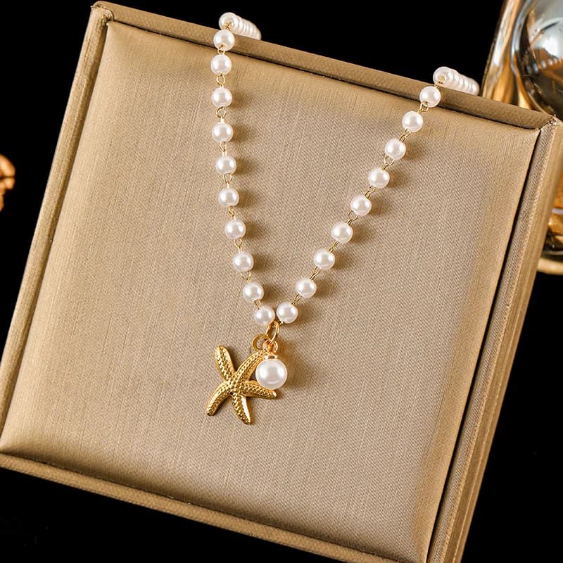 Stainless Steel Shell Starfish Pearl Pendant Necklace