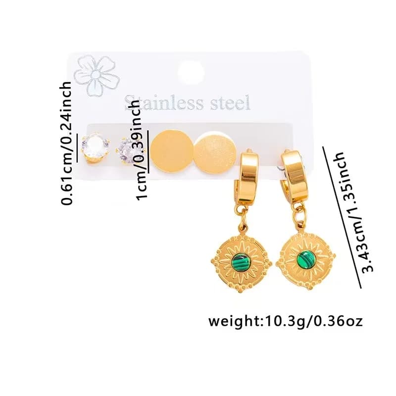 3-Pair Vintage Green Stone Drop Earring Set