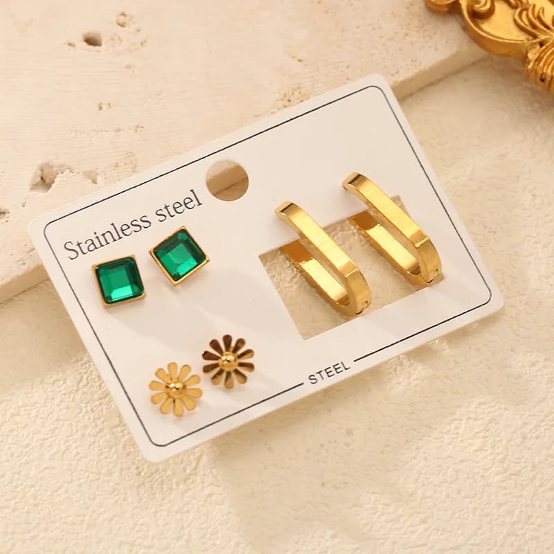 3-Pair Green Zircon Flower Earrings Set
