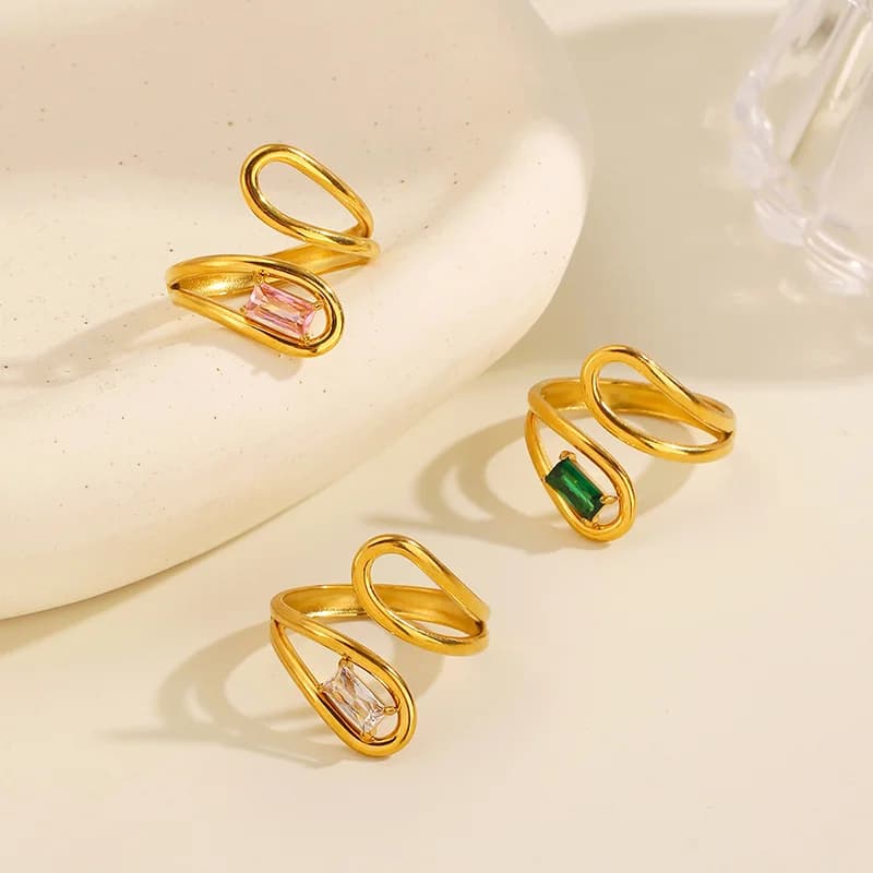 Geometric Glass Zircon Adjustable Ring, 18K Gold Plated