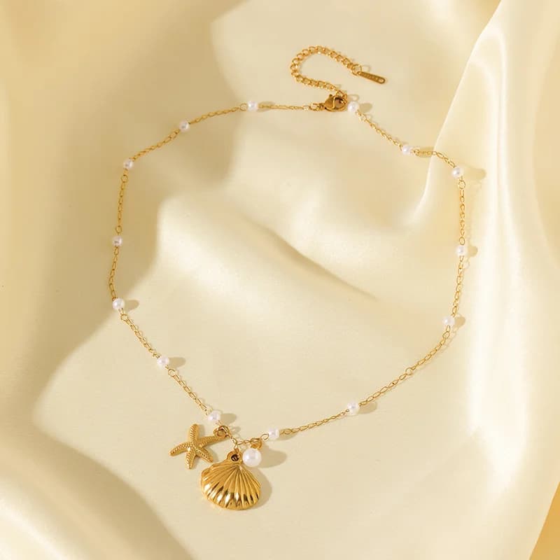 Stainless Steel Shell Starfish Pearl Pendant Necklace