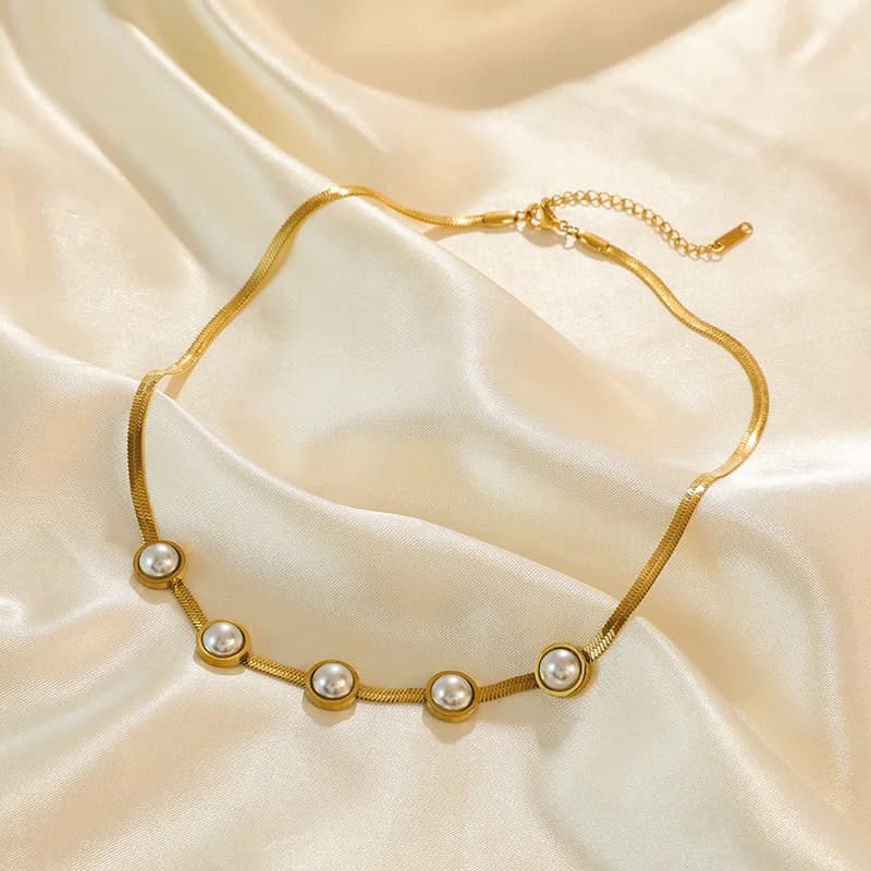Gold Color Round Pearl Choker Necklace
