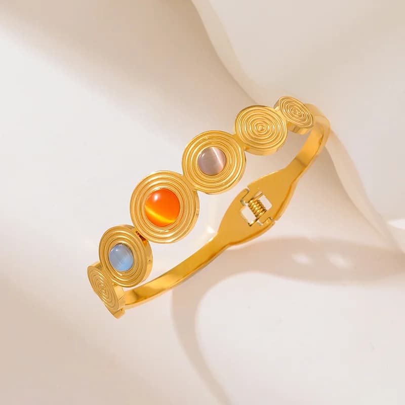 Round Colorful Stone Bangle Bracelets in Stainless Steel