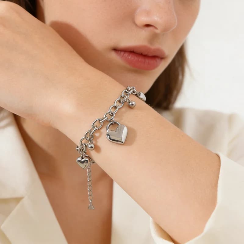 Silver Color Heart Beads Charm Bangle