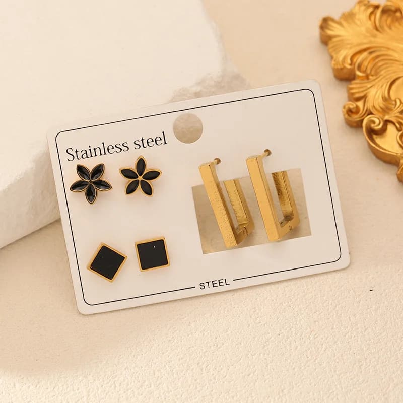 3-Pair Black Floral Geometric Hoop Stud Earring Set