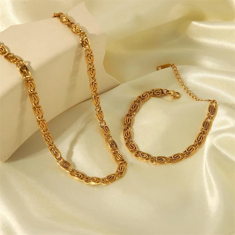 Geometric Chain Necklace and Bracelet Set, Gold