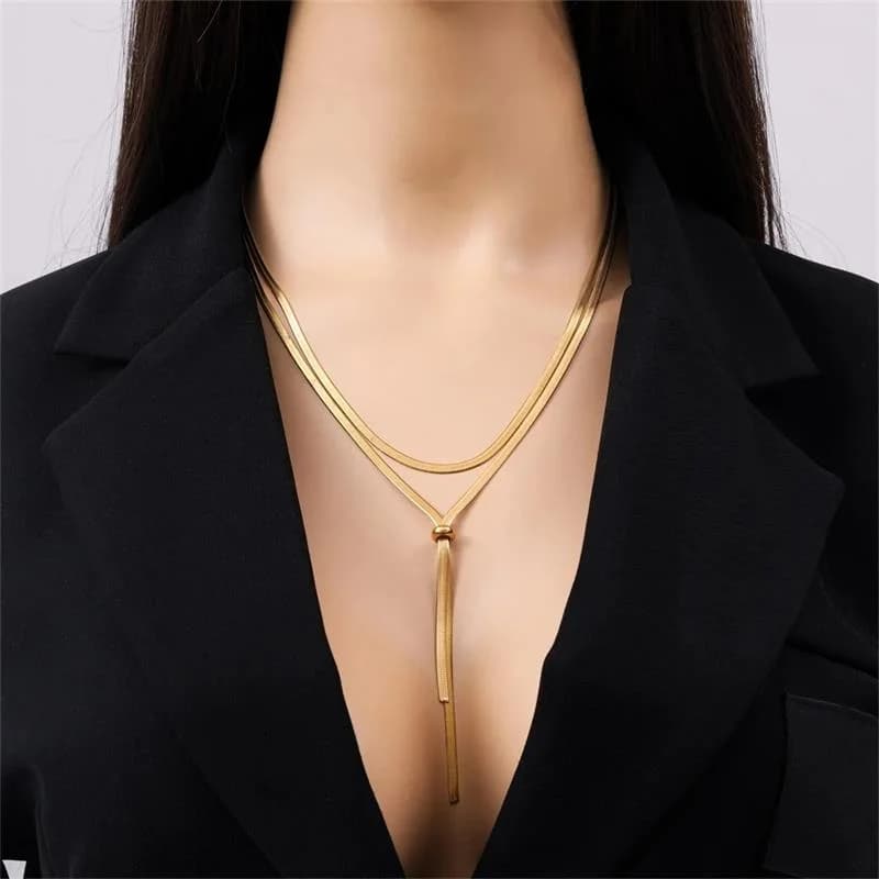 316L Stainless Steel Gold Color Tassel Long Snake Chain Necklace