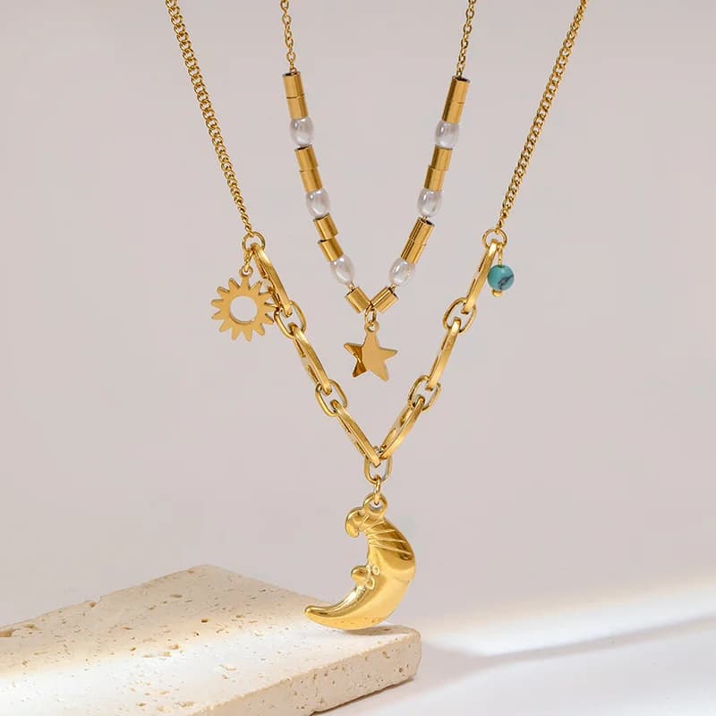 316L Stainless Steel Multilayer Moon Starfish Pendant Necklace