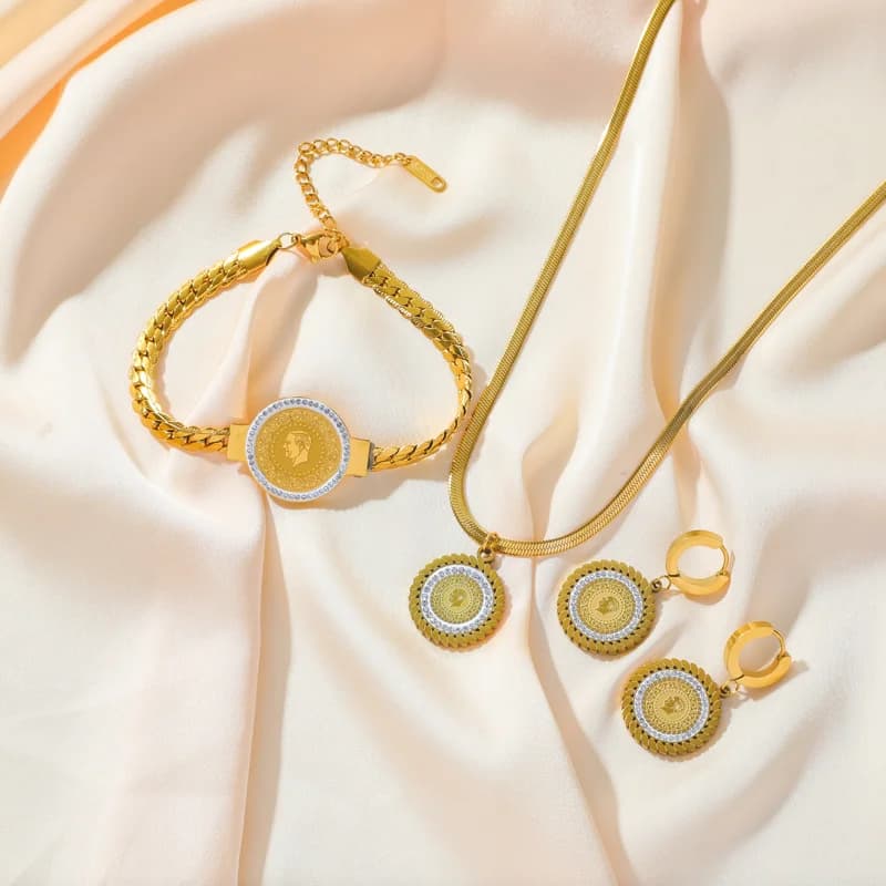 Coin Portrait Zirconia Necklace, Bracelet, and Earrings Set
