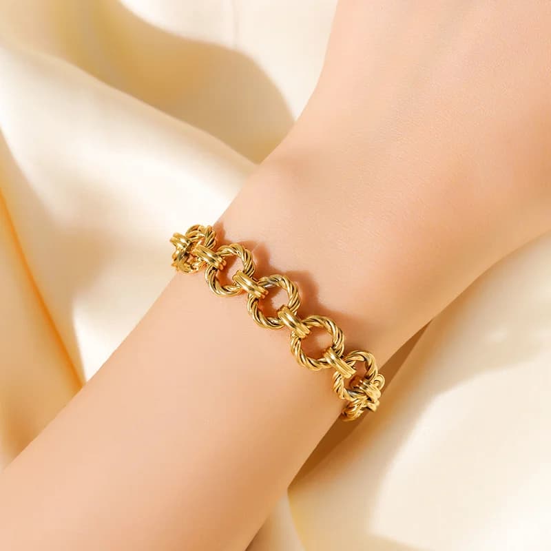Gold Color Round Link Chain Necklace and Bracelet Set