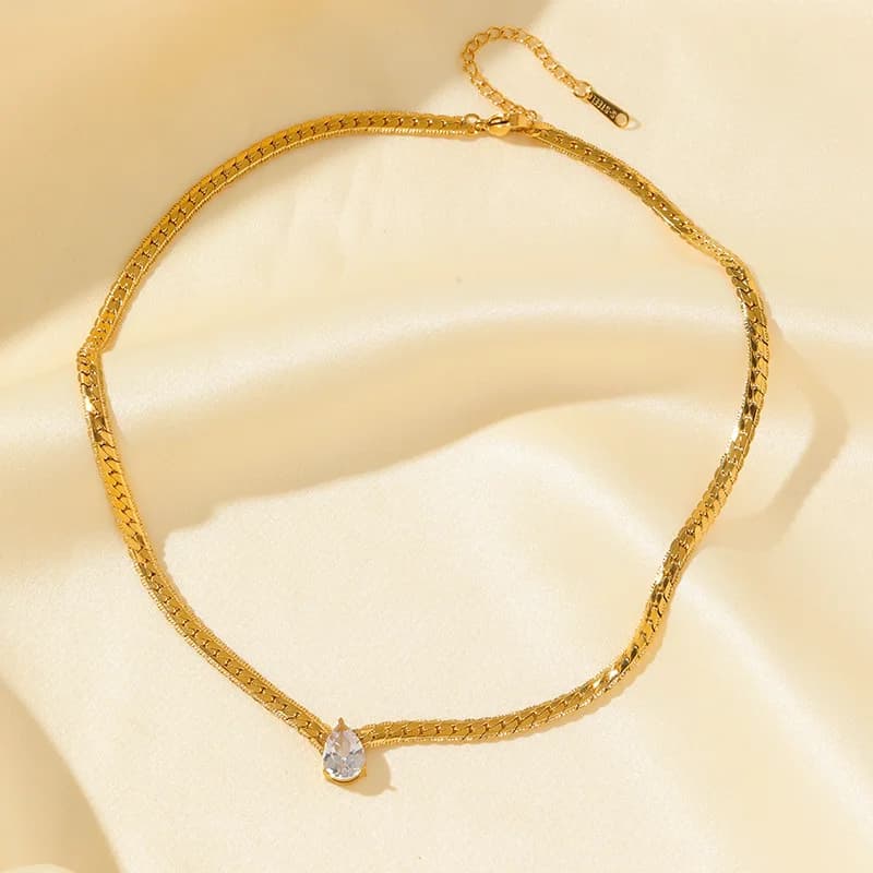 316L Stainless Steel Gold Plated Teardrop Cubic Zirconia Necklace