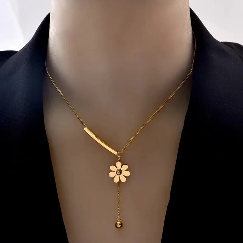 Bead Flower Necklace, Gold Color Stainless Steel