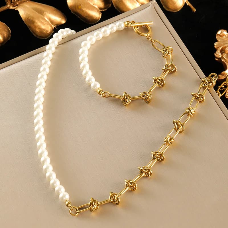 Asymmetric Pearl Necklace and Bracelet Set, Silver