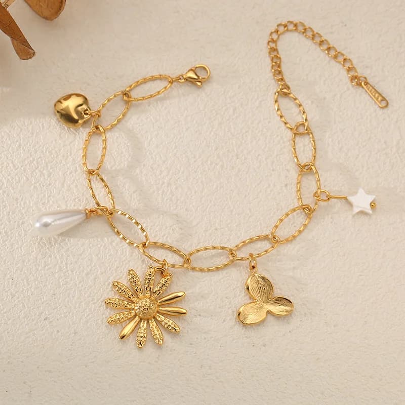 Flower Pearl Charm Herringbone Bracelet, 18K Gold