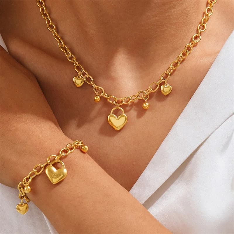 Gold Heart Bead Charm Necklace and Bracelet Set